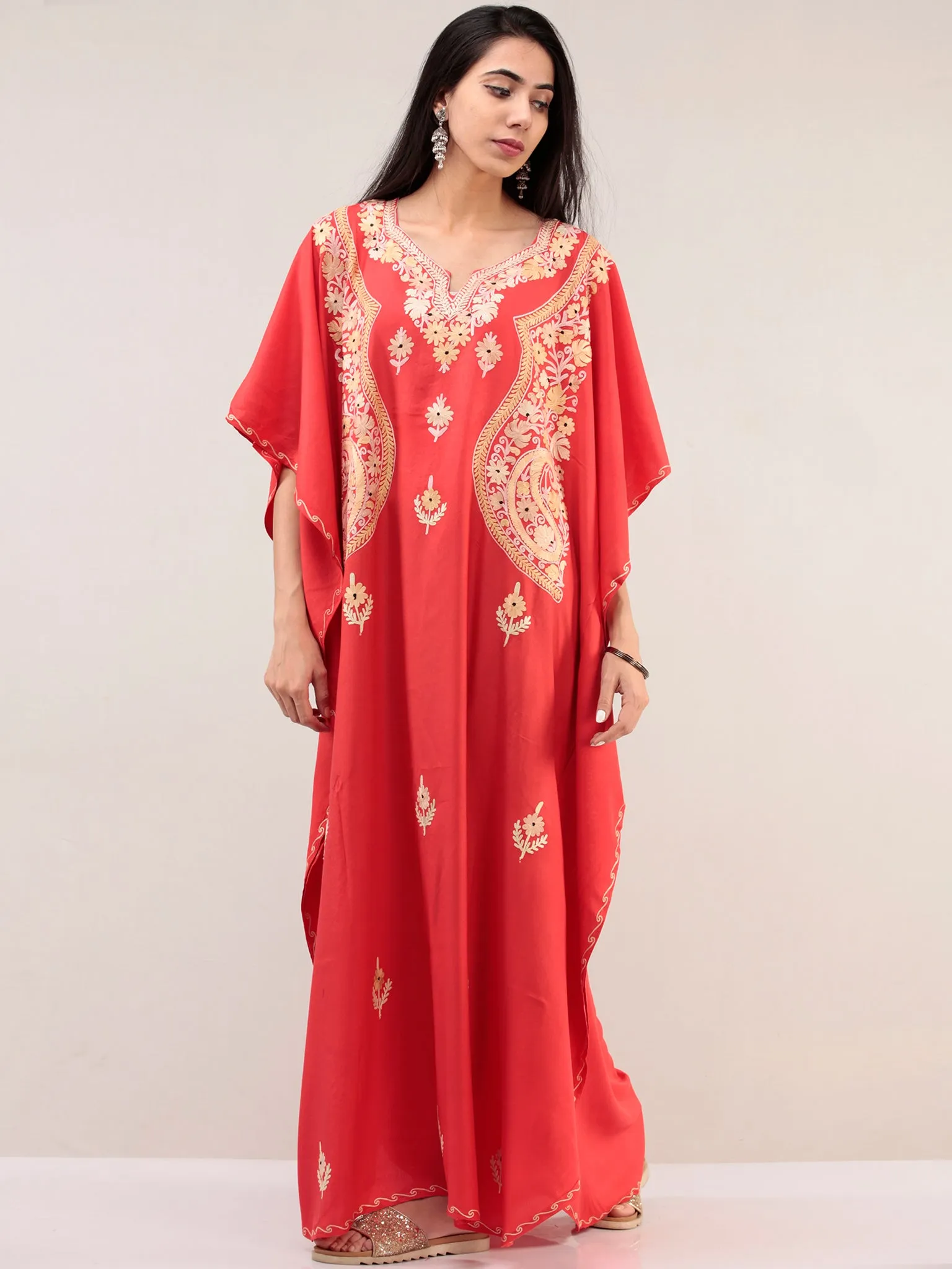 Coral Aari Embroidered Kashmere Free Size Kaftan  - K12K055