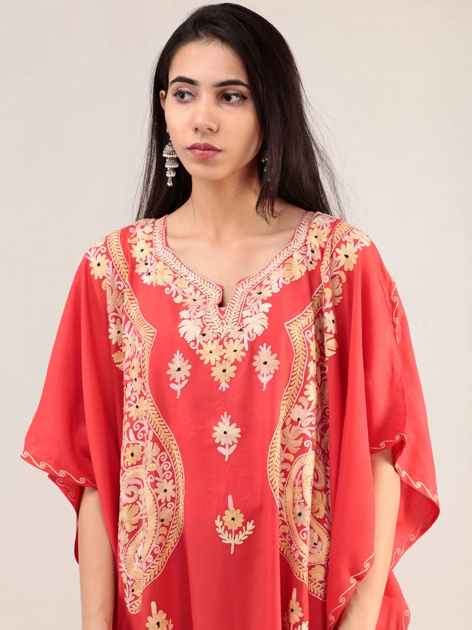 Coral Aari Embroidered Kashmere Free Size Kaftan  - K12K055