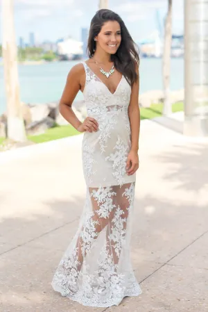 Cream and Nude Embroidered Maxi Dress