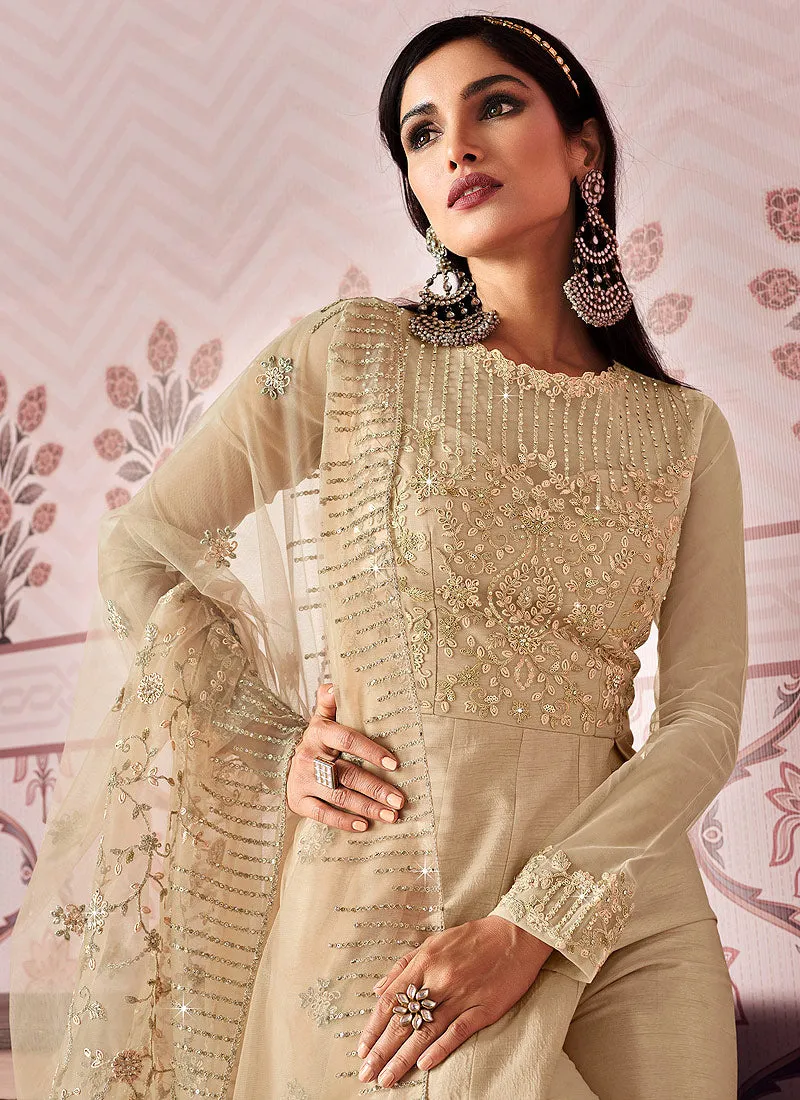 Cream Beige Zari Embroidered Slit Style Anarkali Pant Suit