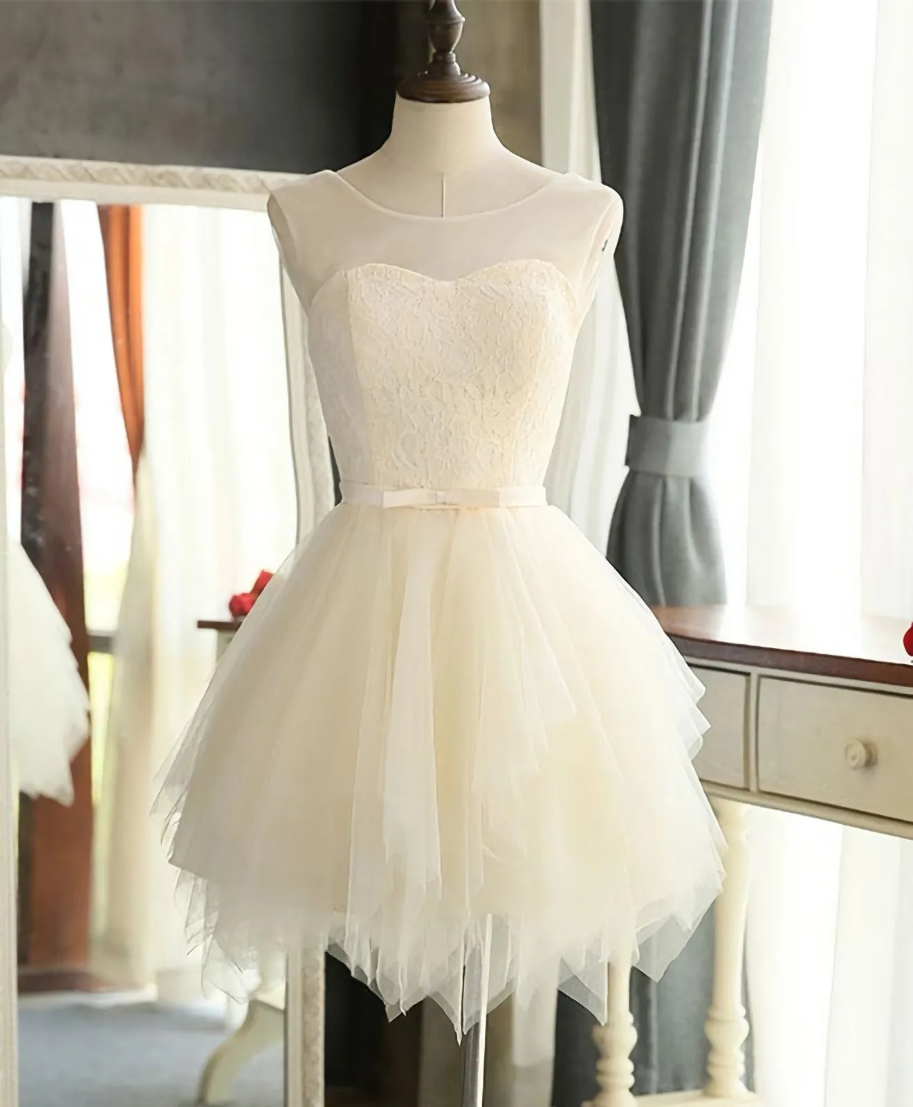 Cute A Line Tulle Round Neck Mini Prom Dress, Evening Dress