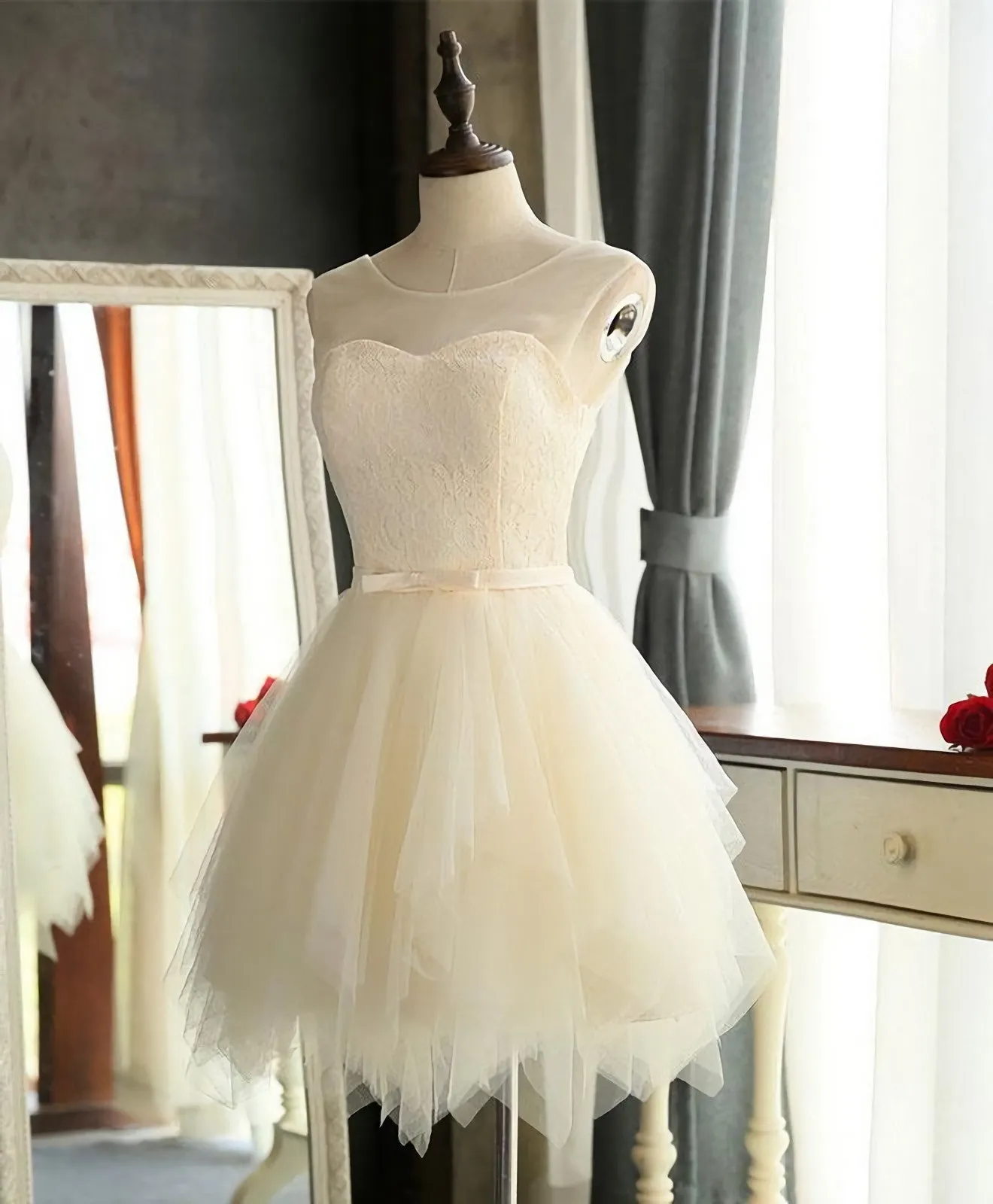 Cute A Line Tulle Round Neck Mini Prom Dress, Evening Dress