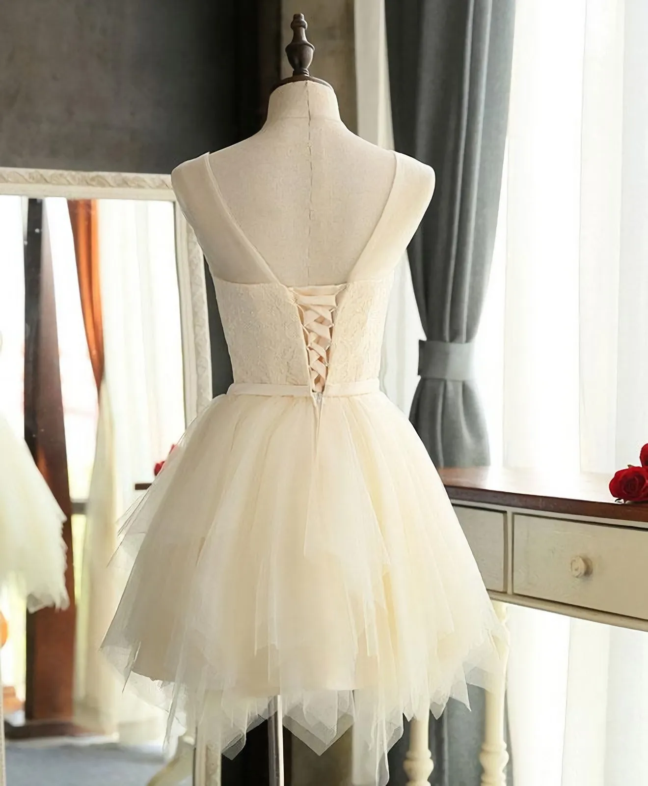 Cute A Line Tulle Round Neck Mini Prom Dress, Evening Dress