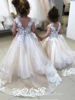 Cute Ivory Applique Princess Flower Girl Dresses With Train GRS034