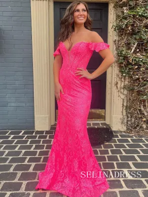 Cute Off the Shoulder Pink Lace Prom Dress Mermaid Evening Dress lpk533