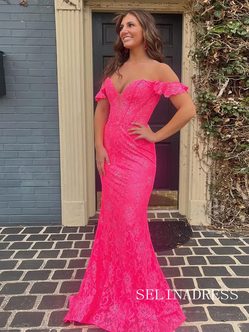 Cute Off the Shoulder Pink Lace Prom Dress Mermaid Evening Dress lpk533