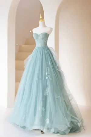 Cute Tulle Strapless Long Prom Dress A-Line Lace Formal Evening Dress