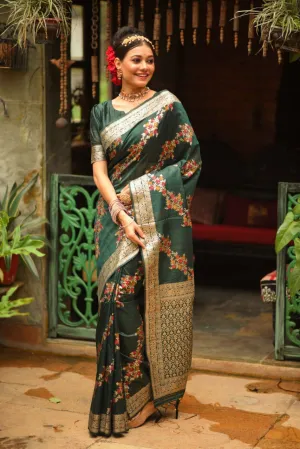 Dark Green Floral Tusser Silk Zari Border Saree