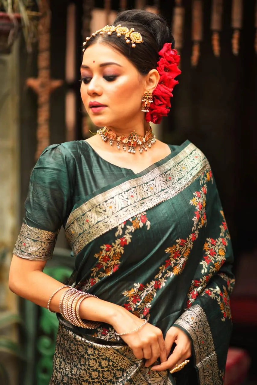 Dark Green Floral Tusser Silk Zari Border Saree