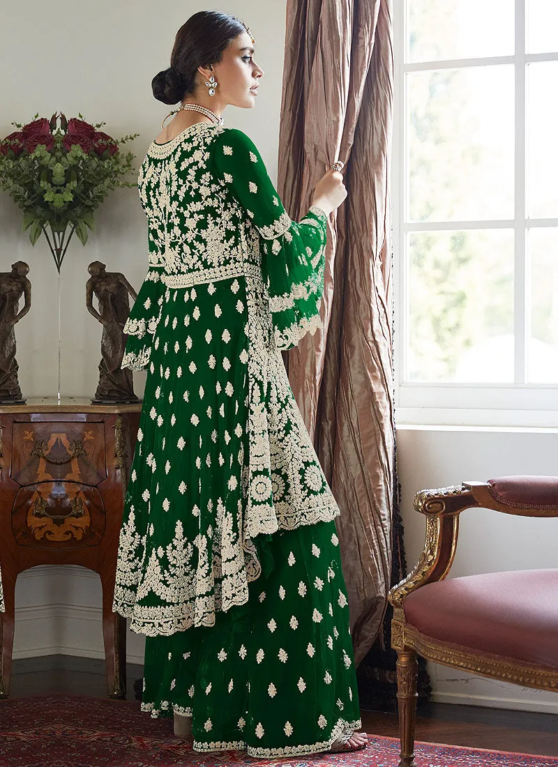 Dark Green Multi Embroidered Designer Sharara Suit