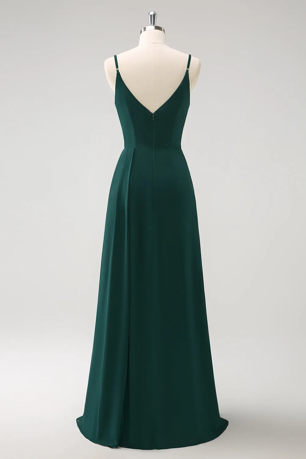 Dark Green Spaghetti Straps Ruche Long Bridesmaid Dress with Slit