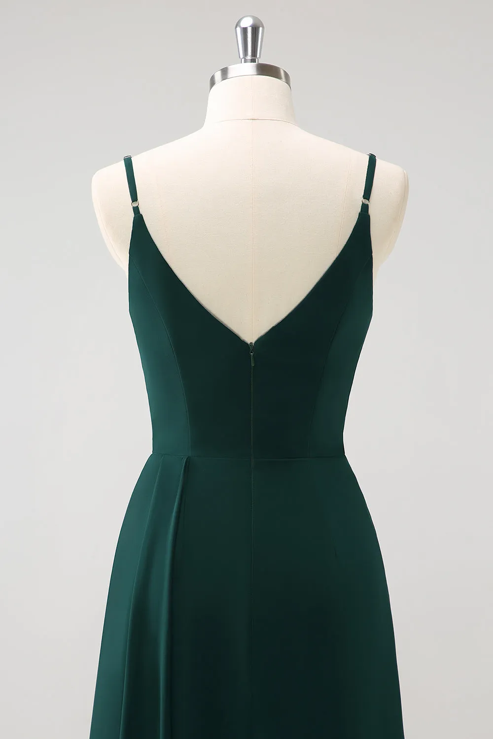 Dark Green Spaghetti Straps Ruche Long Bridesmaid Dress with Slit