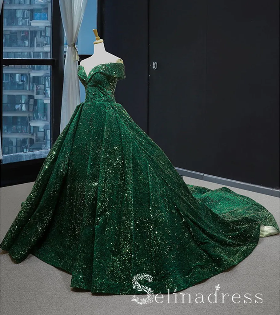 Dark Green Sparkly Prom Dresses Ball Gown Sequins Quinceanera Long Formal Evening Gowns SED067