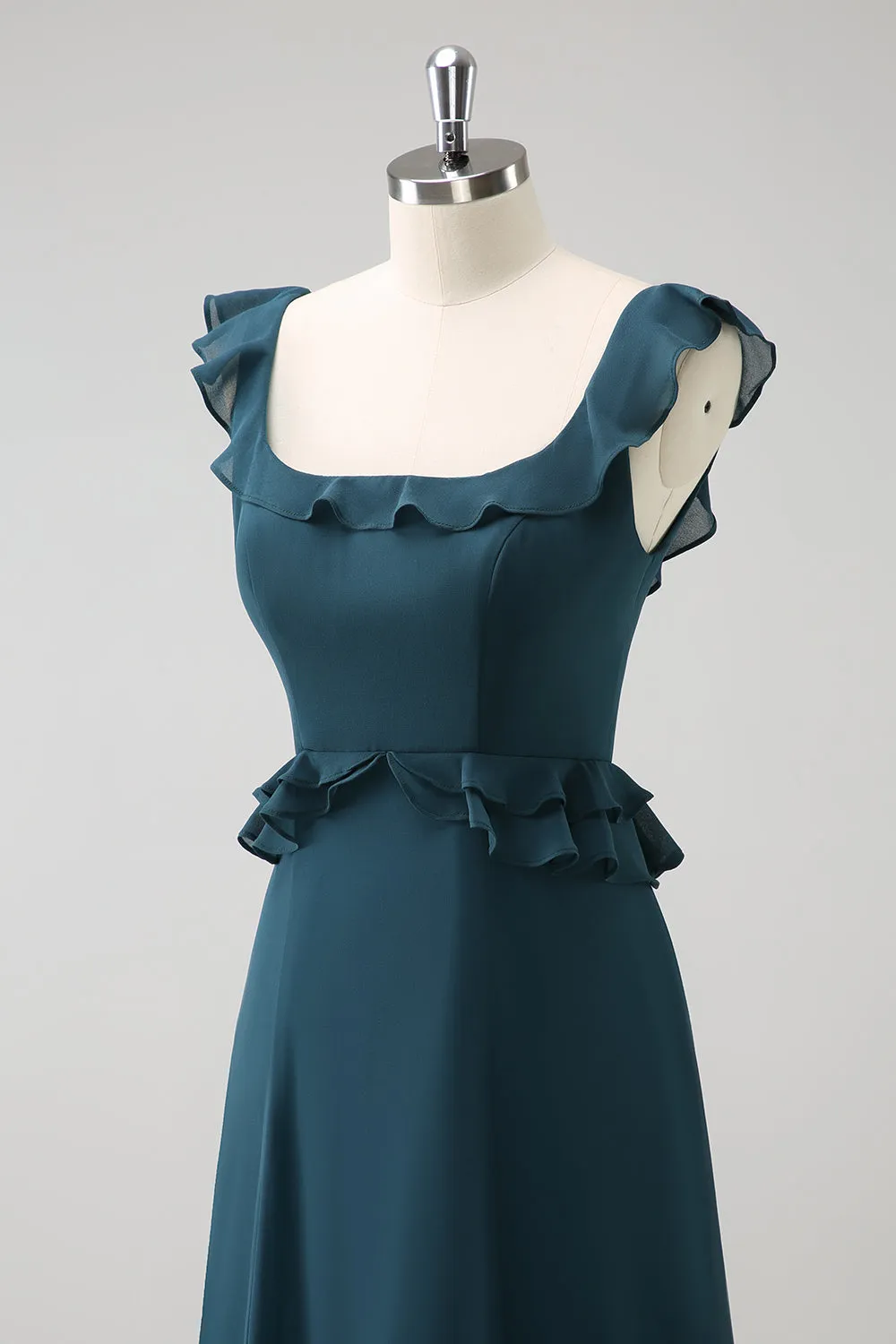 Dark Peacock Green Square Neck A Line Chiffon Bridesmaid Dress