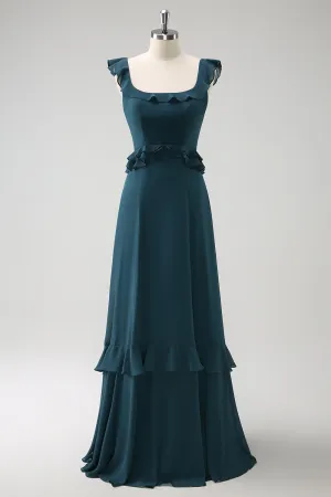 Dark Peacock Green Square Neck A Line Chiffon Bridesmaid Dress