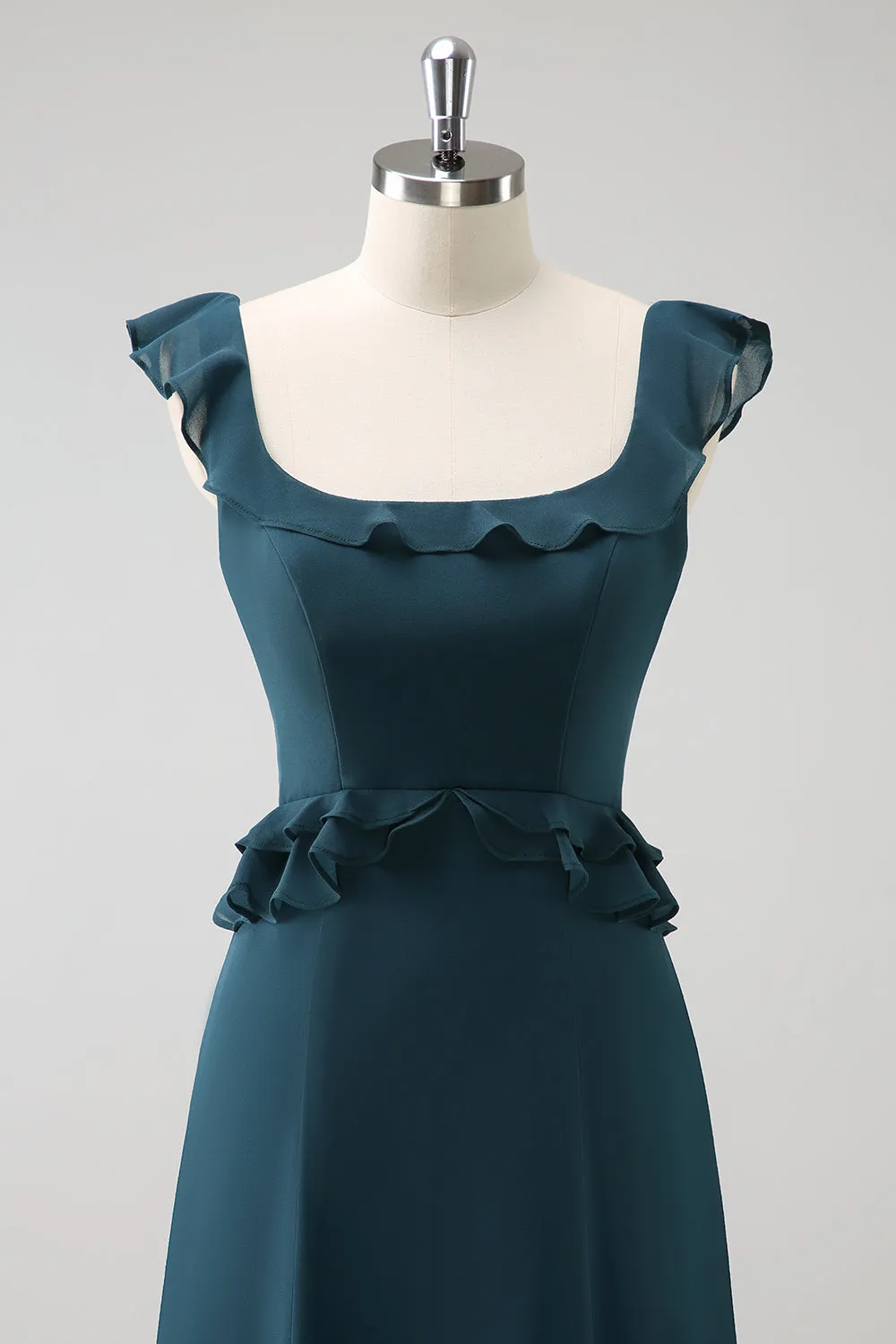 Dark Peacock Green Square Neck A Line Chiffon Bridesmaid Dress