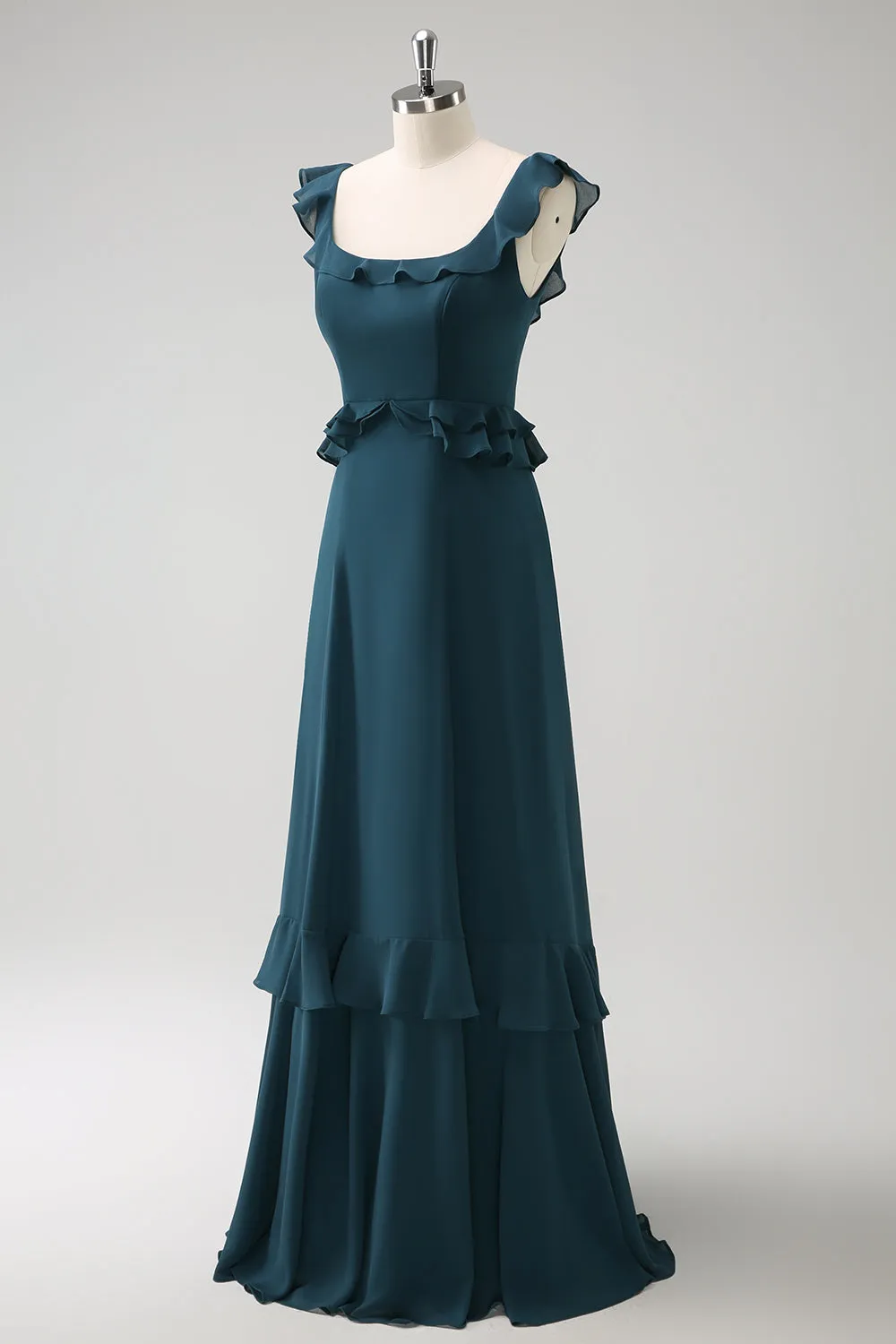 Dark Peacock Green Square Neck A Line Chiffon Bridesmaid Dress