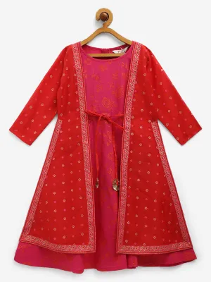 Dark Pink Crepe Khari Print Kids Dress Attached Jacket - Ahalyaa Girls