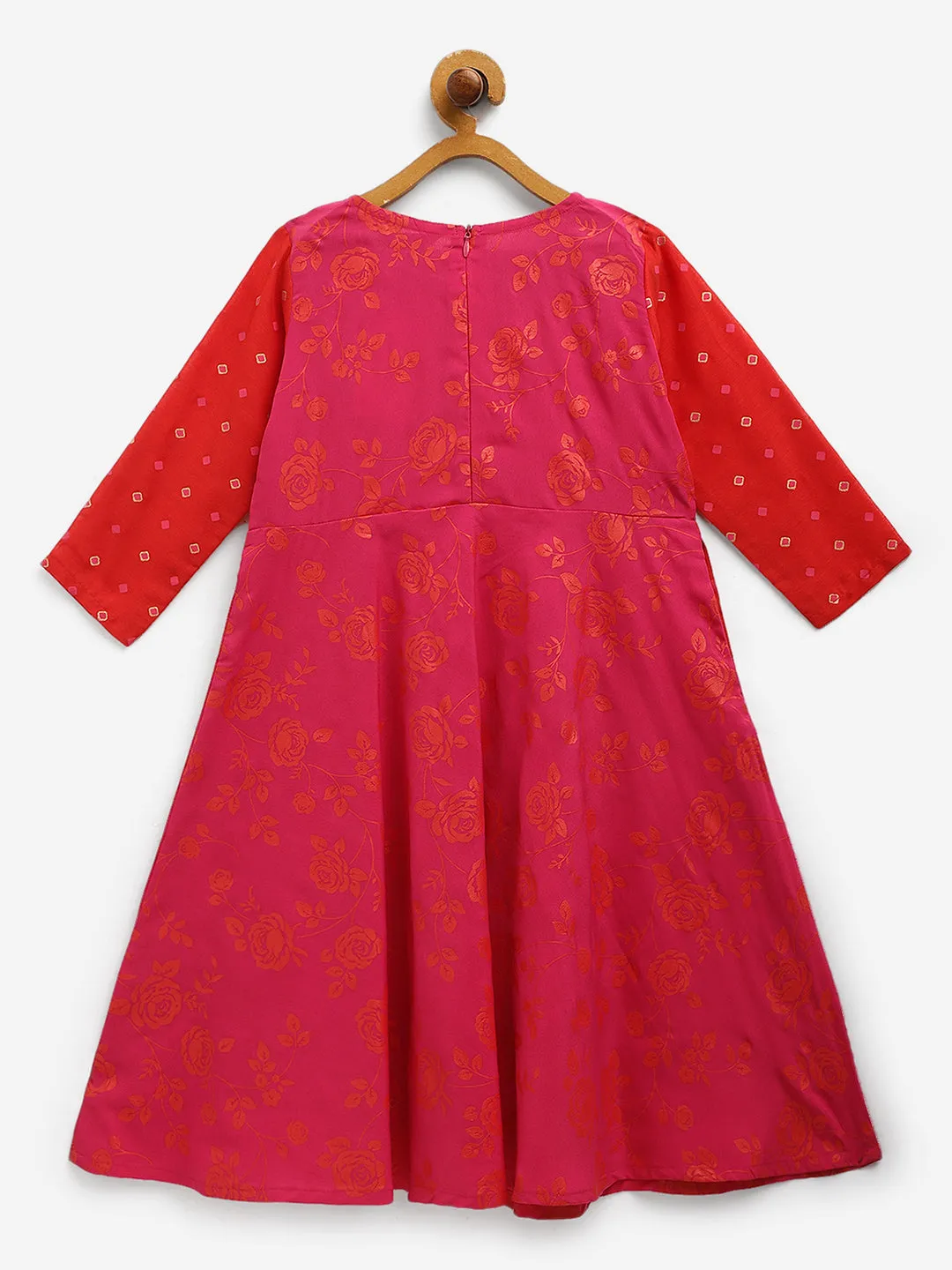 Dark Pink Crepe Khari Print Kids Dress Attached Jacket - Ahalyaa Girls