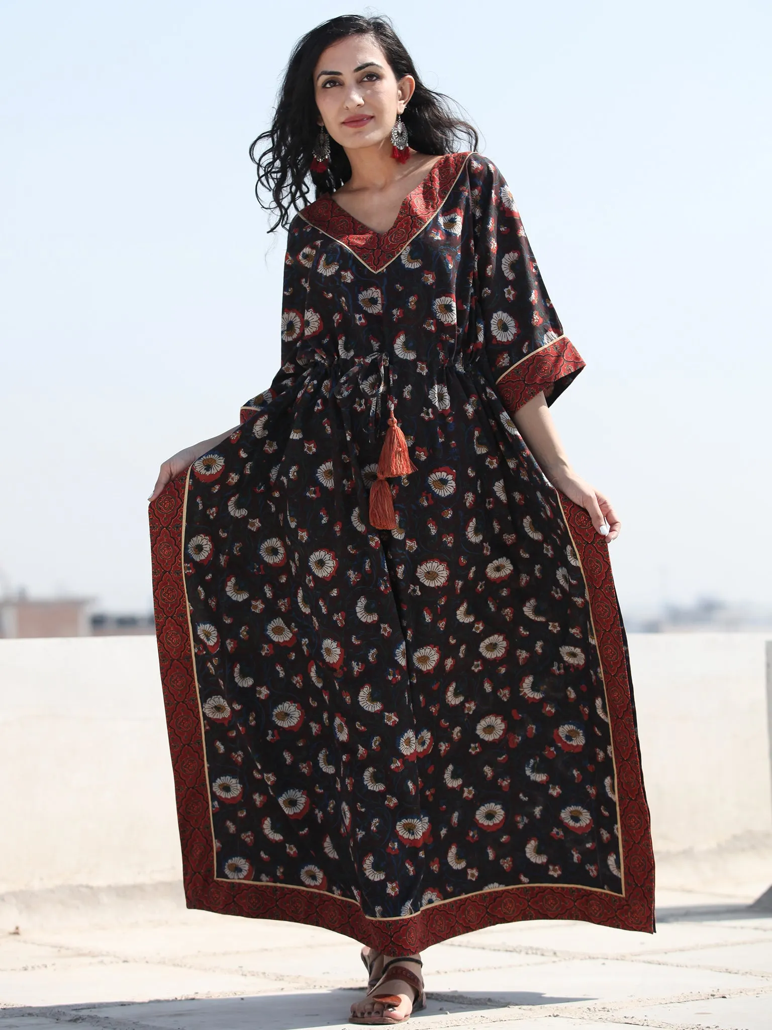 Deep Brown Indigo Rust Hand Block Printed  Kaftan - K123F1400