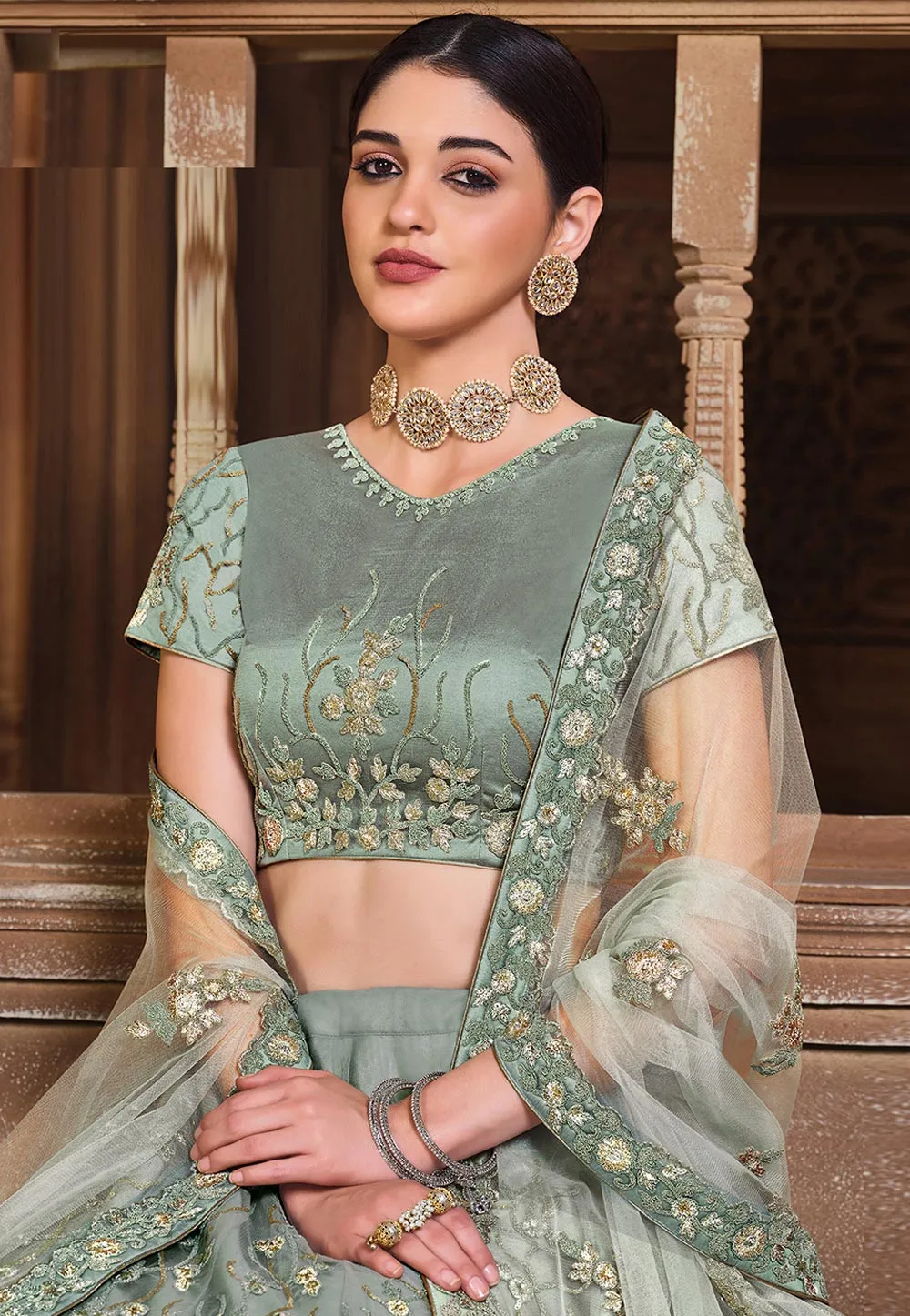 Deep Green Floral Embroidered Lehenga Choli