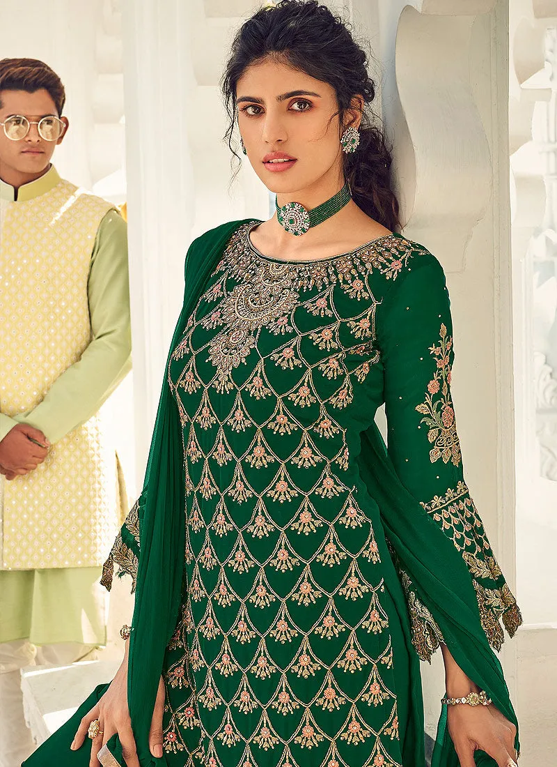 Deep Green Multi Embroidered Georgette Palazzo Suit