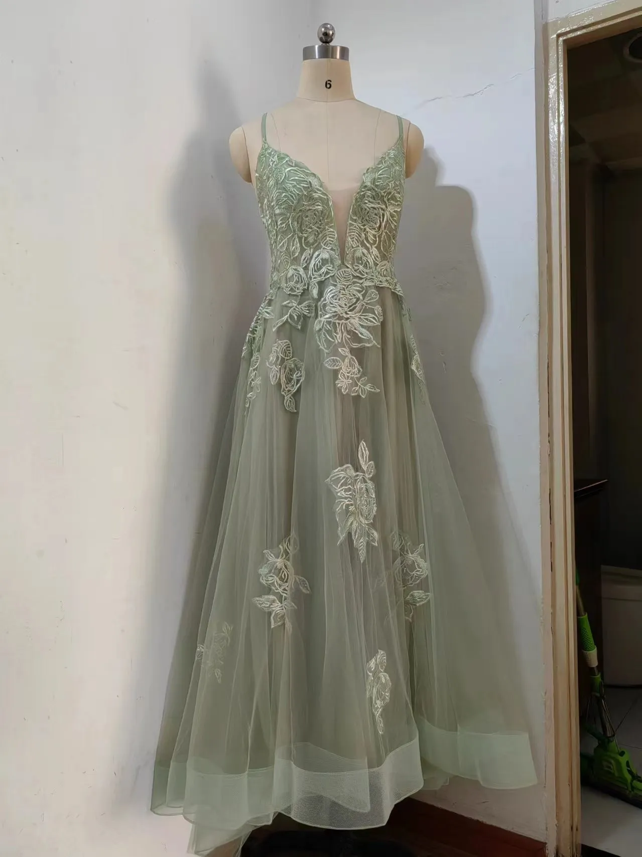 Dusty Sage Prom Dress Plunging V Neck Appliques Lace-Up A-line Long Evening Gown