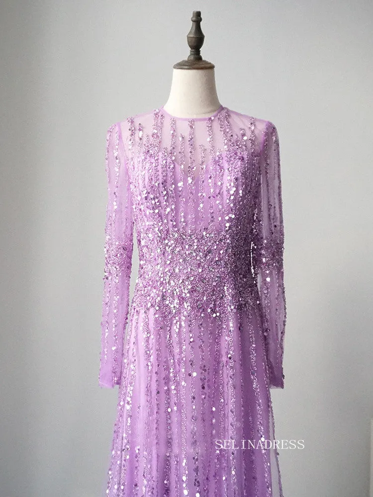 Elegant Long Sleeve Prom Dress Ombre Beaded Luxury Evening Dress Formal Gown FUE020