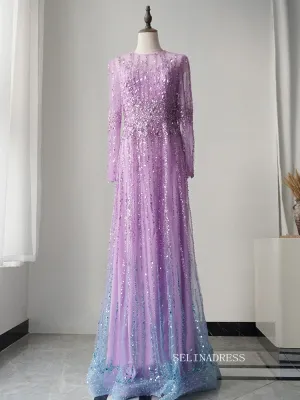 Elegant Long Sleeve Prom Dress Ombre Beaded Luxury Evening Dress Formal Gown FUE020