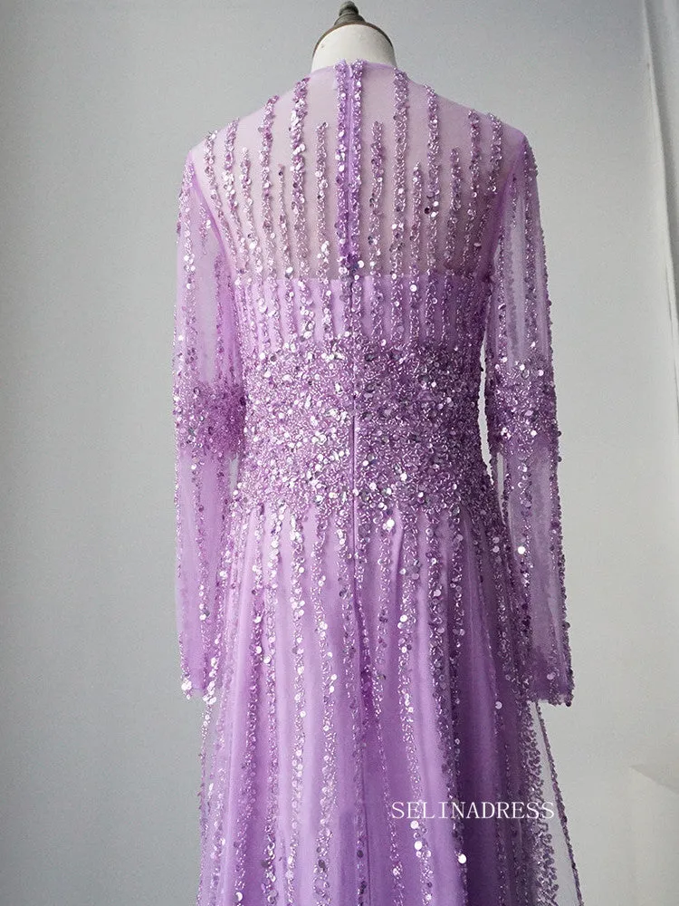 Elegant Long Sleeve Prom Dress Ombre Beaded Luxury Evening Dress Formal Gown FUE020