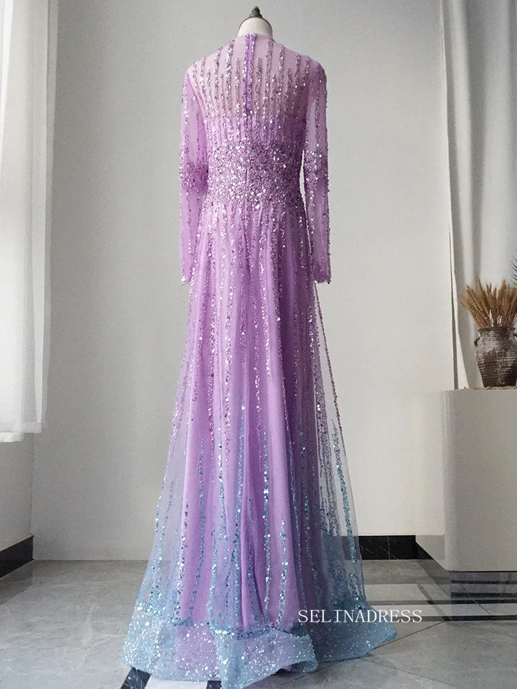 Elegant Long Sleeve Prom Dress Ombre Beaded Luxury Evening Dress Formal Gown FUE020