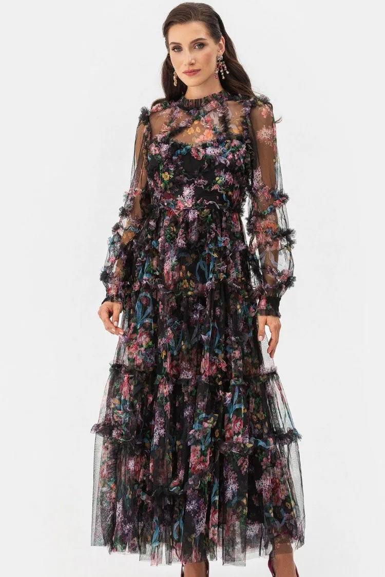 Fairy Mock Neck Bishop Sleeve Floral Tulle Tiered Ruffle Maxi Gown Dress - Black