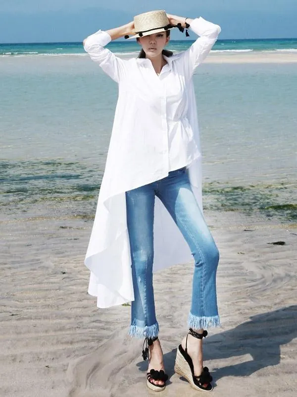 Fancy White Asymmetric Shirt Dress