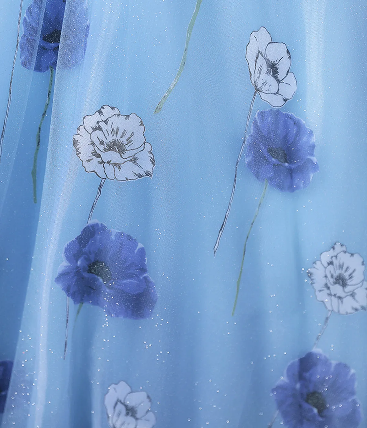 Floral Tulle Long Prom Dress, Blue Short Sleeve Evening Dress