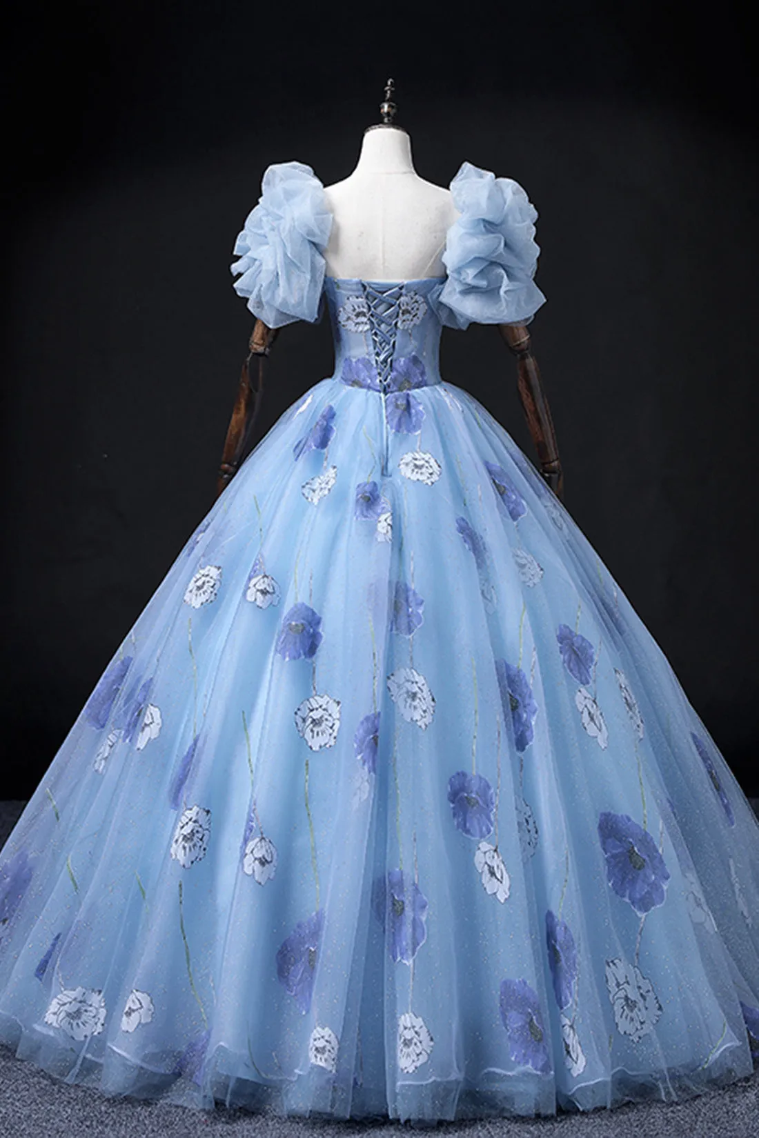 Floral Tulle Long Prom Dress, Blue Short Sleeve Evening Dress