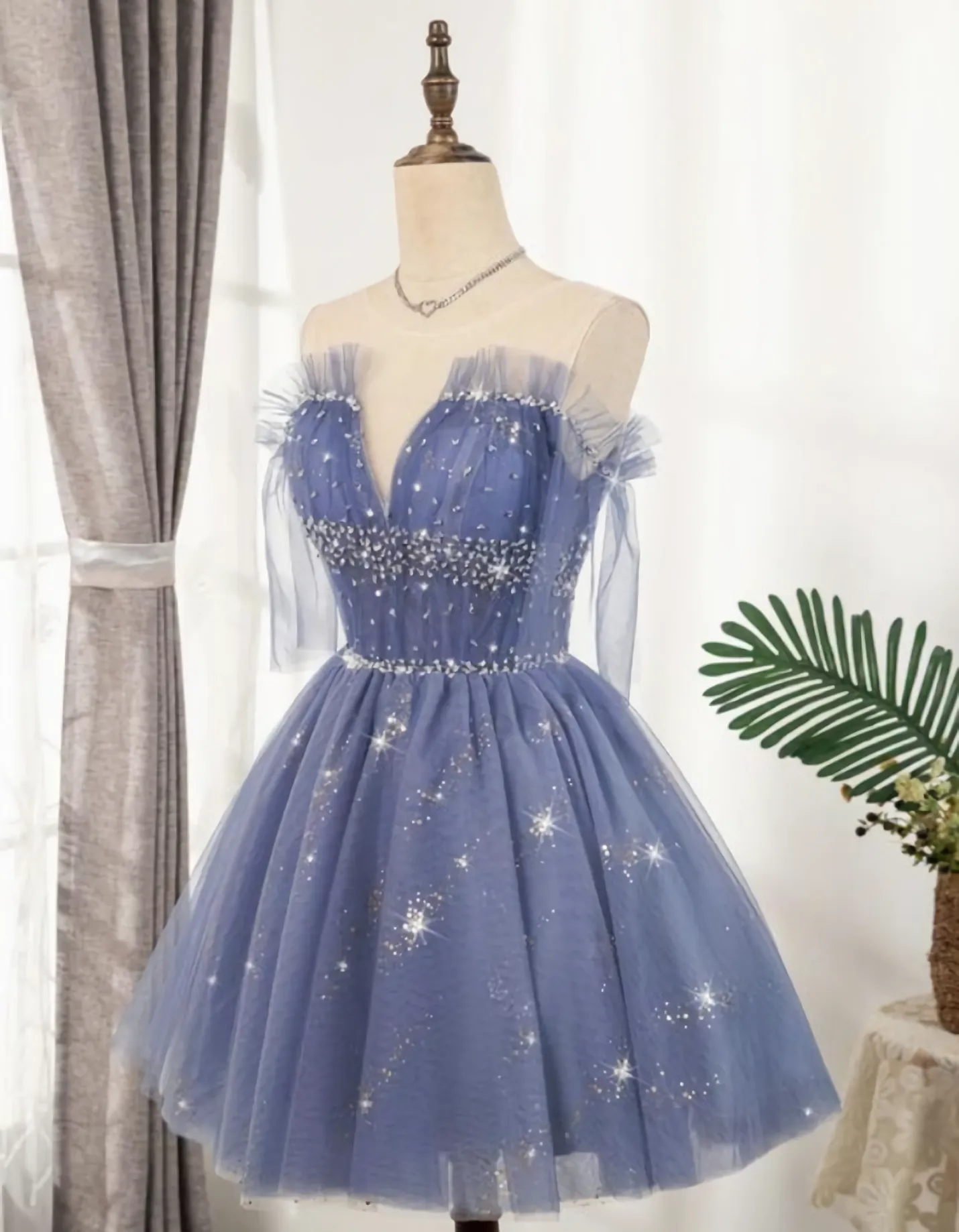 Flowy Cute A Line Blue Homecoming Dresses Short Beading