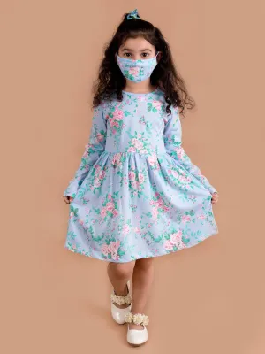 Girls Blue Pink Floral Printed A-Line Dress