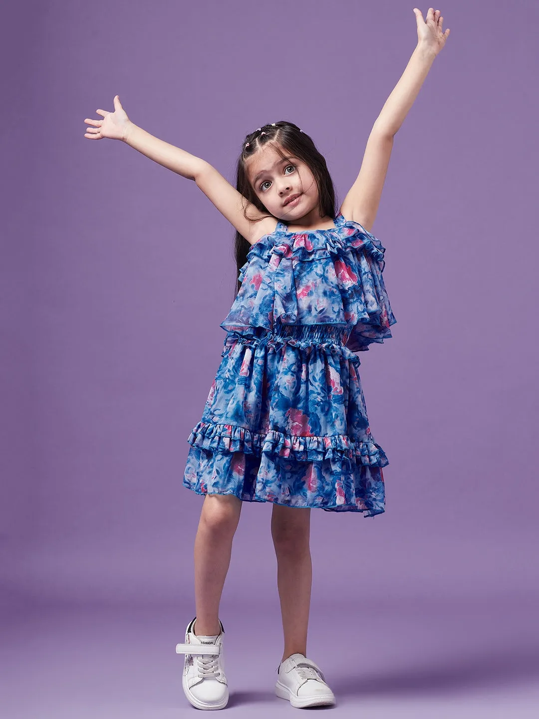 Girls Floral Printed Ruffled Chiffon Fit Flare Dress - Ps Peaches