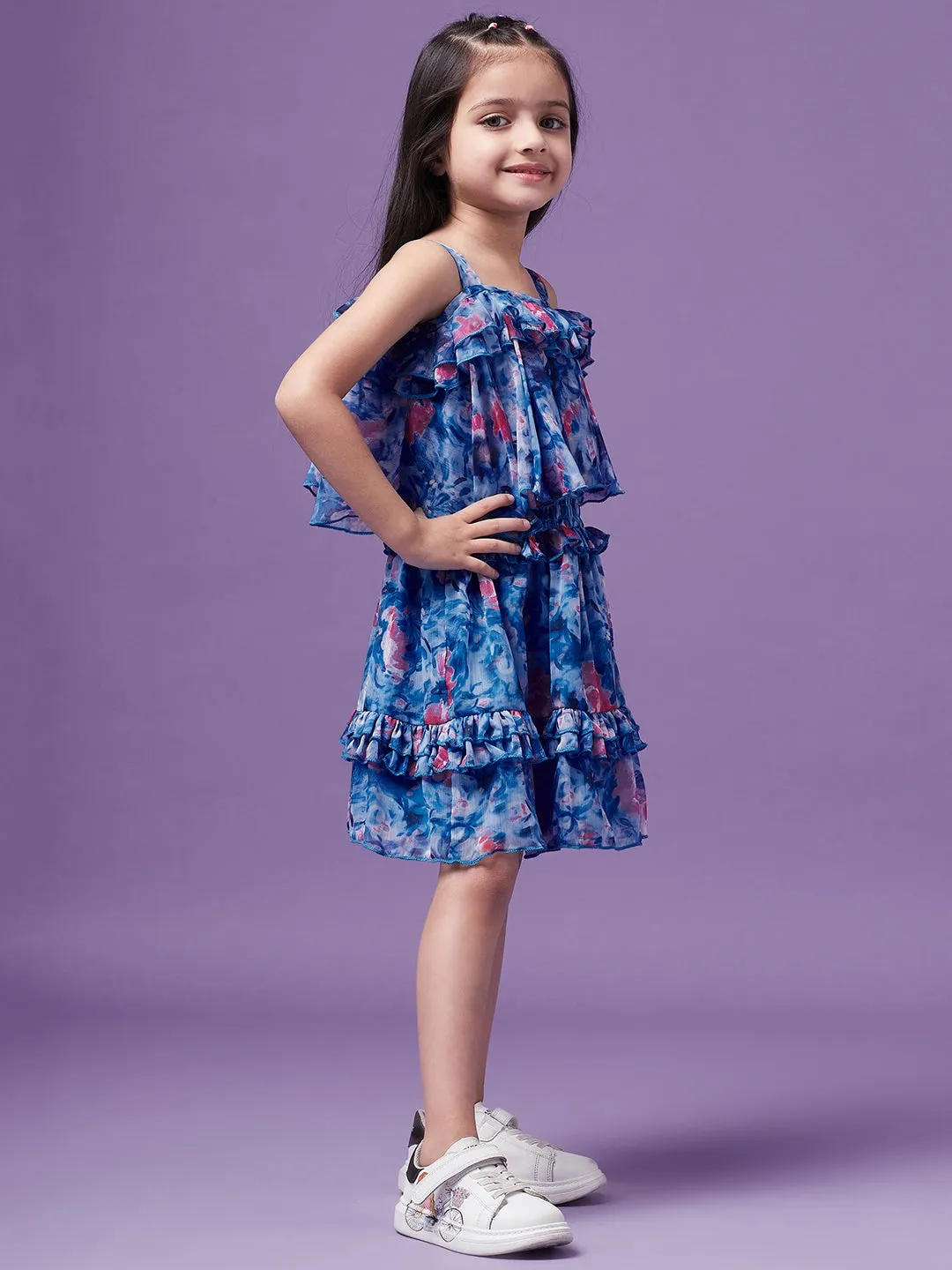 Girls Floral Printed Ruffled Chiffon Fit Flare Dress - Ps Peaches