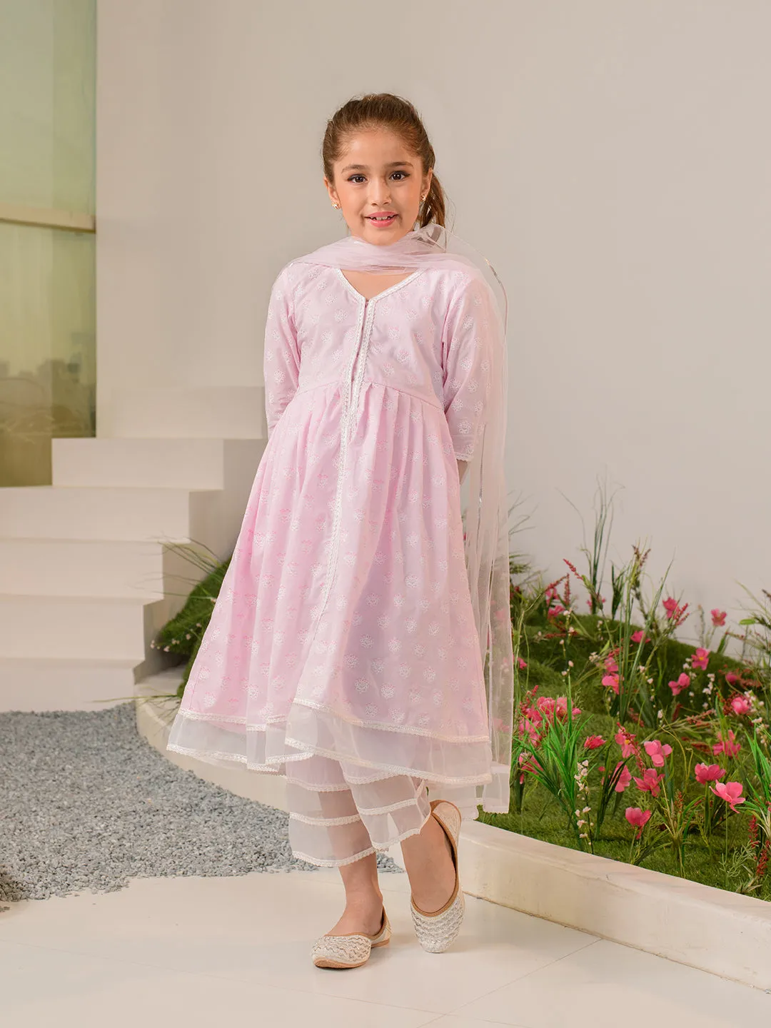 Girls Pink Ethnic Motifs Printed Regular Pure Cotton Kurta With Palazzos With Dupatta - Ps Peaches