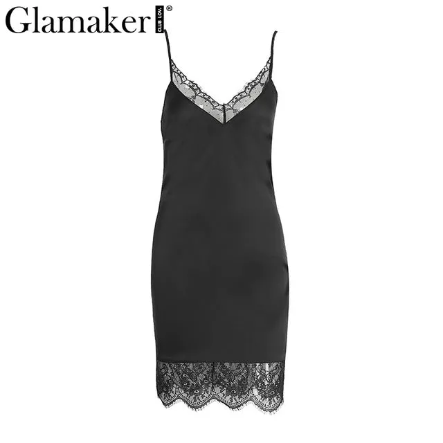 Glamaker Sexy sleeveless elegant satin dress women Lace evening party dress sundress Summer dress short dress vestidos