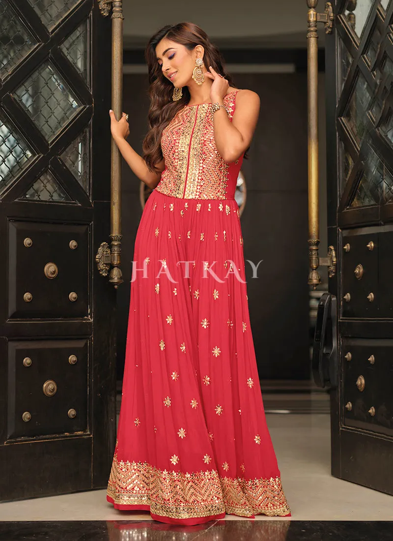 Gloss Red Traditional Embroidered Flared Jumpsuit