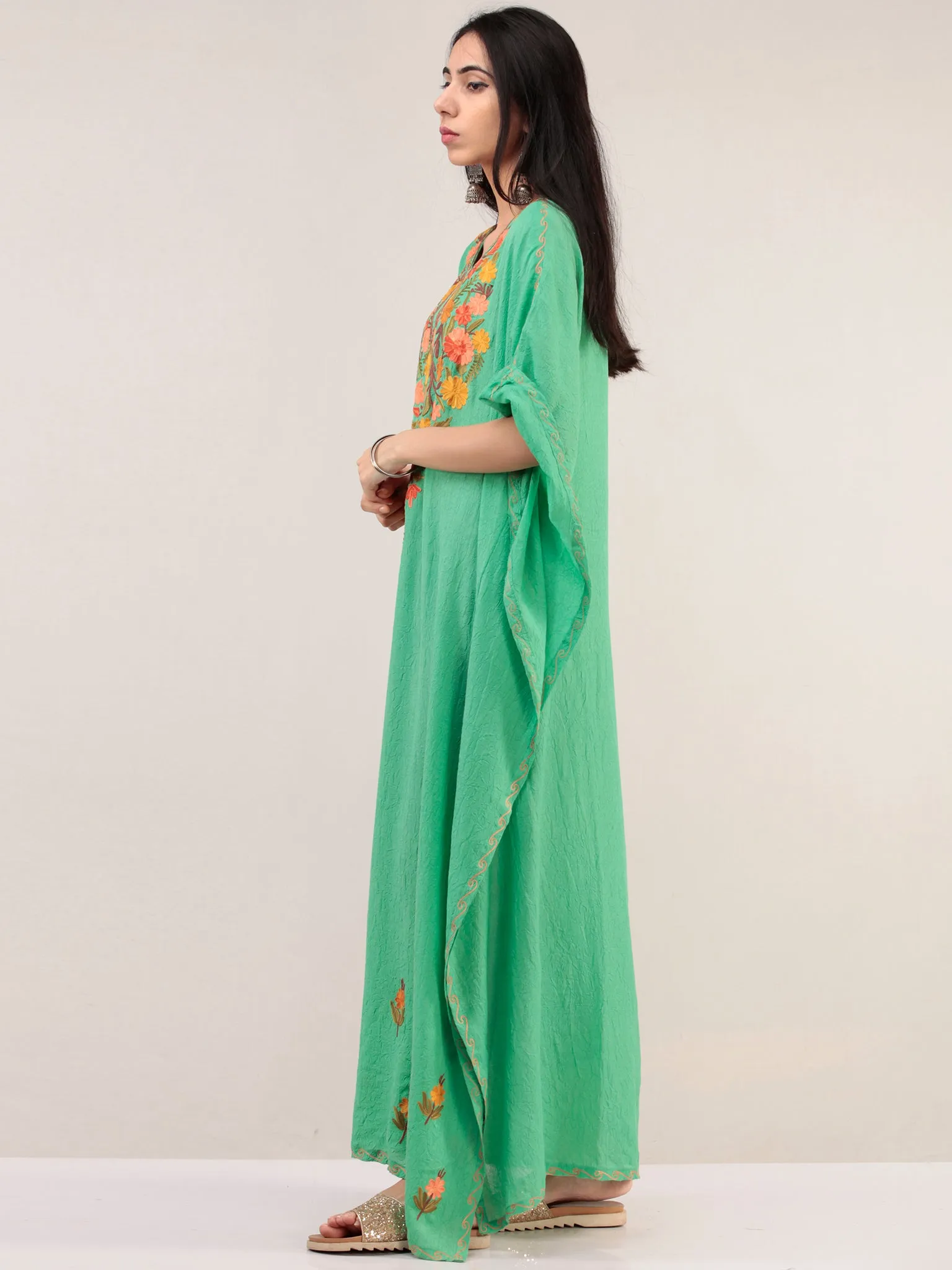 Green Aari Embroidered Kashmere Free Size Kaftan  - K12K071