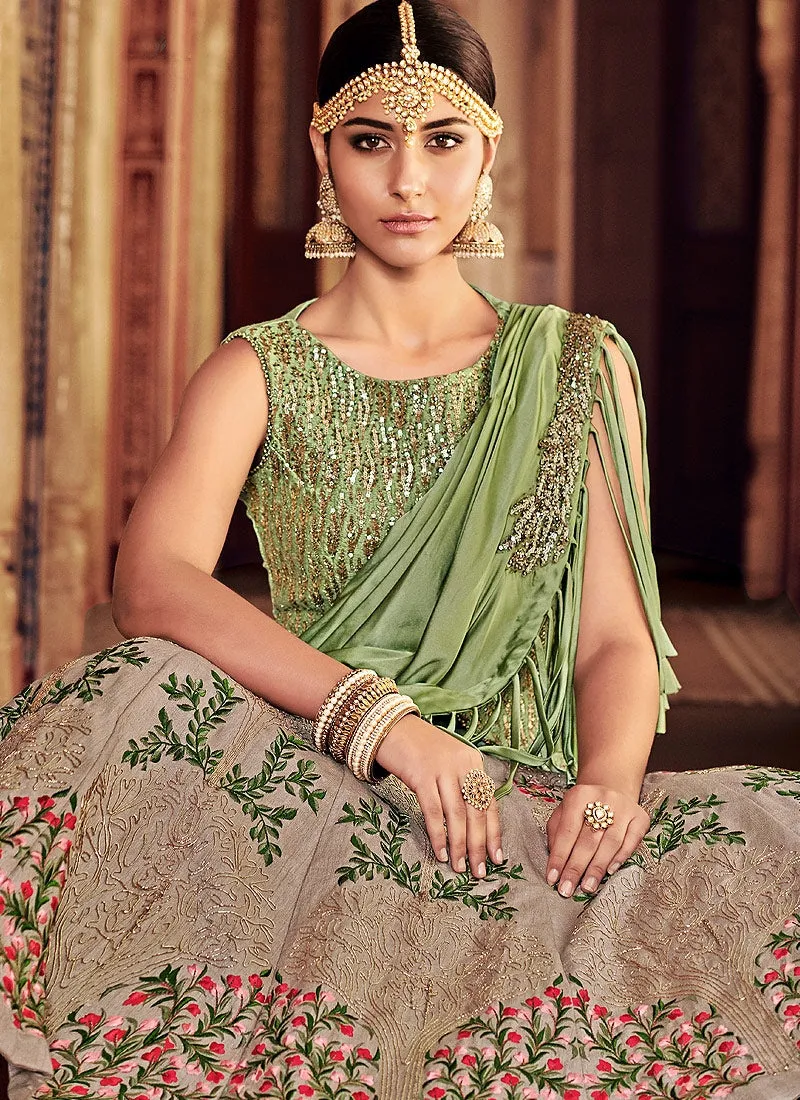 Green And Beige Embroidered Kaliyaari Lehenga Choli Set