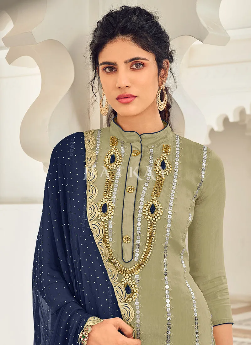 Green And Blue Embroidered Gharara Style Suit