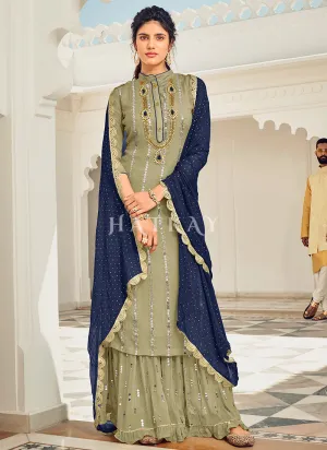 Green And Blue Embroidered Gharara Style Suit