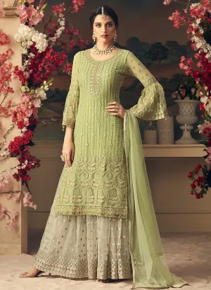 Green And Cream With Multi Embroidery Flared Sharara Suit