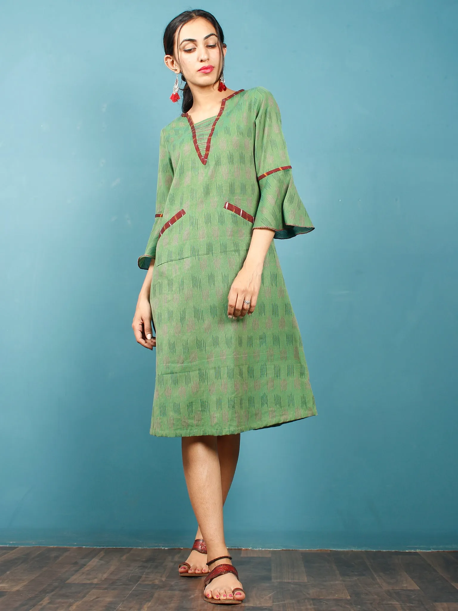 Green Maroon Ikat Handwoven Cotton Tunic Dress With Pockets And Bell Sleeves - D261F1232