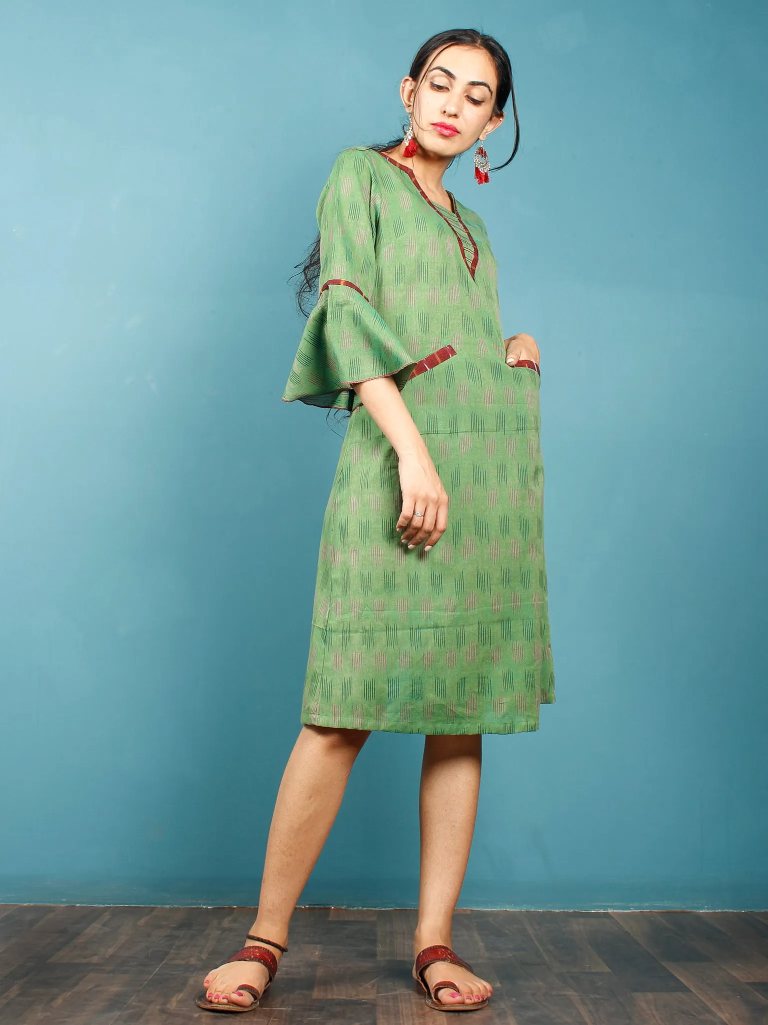 Green Maroon Ikat Handwoven Cotton Tunic Dress With Pockets And Bell Sleeves - D261F1232