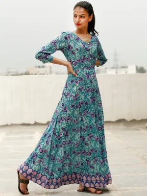 Green Purple Indigo Hand Block Printed Long Cotton Dress With Back Knots - D162F1897